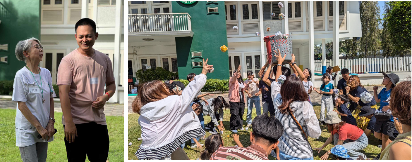 ルアムジャイの解散式。高校の先生と（左）、玉入れ（右）  