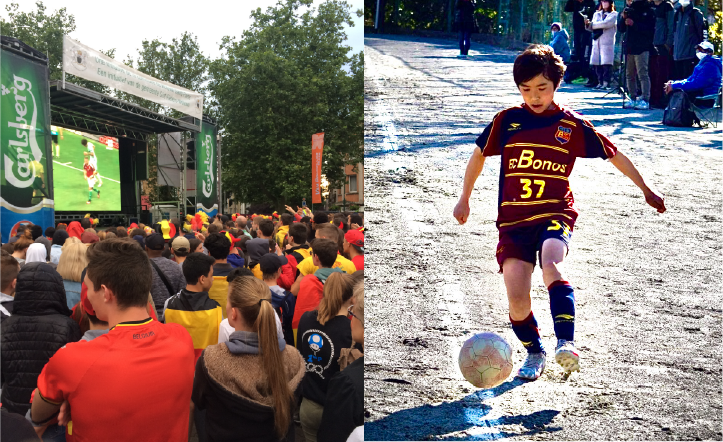 サッカーのW杯を市街で観戦（左）。ベルギーではどの公園でも、ボールがあればサッカーが始まるのが日常（右）。長男はブリュッセルで始めたサッカーを、高校生になる今もジャカルタのローカルチームで続けている