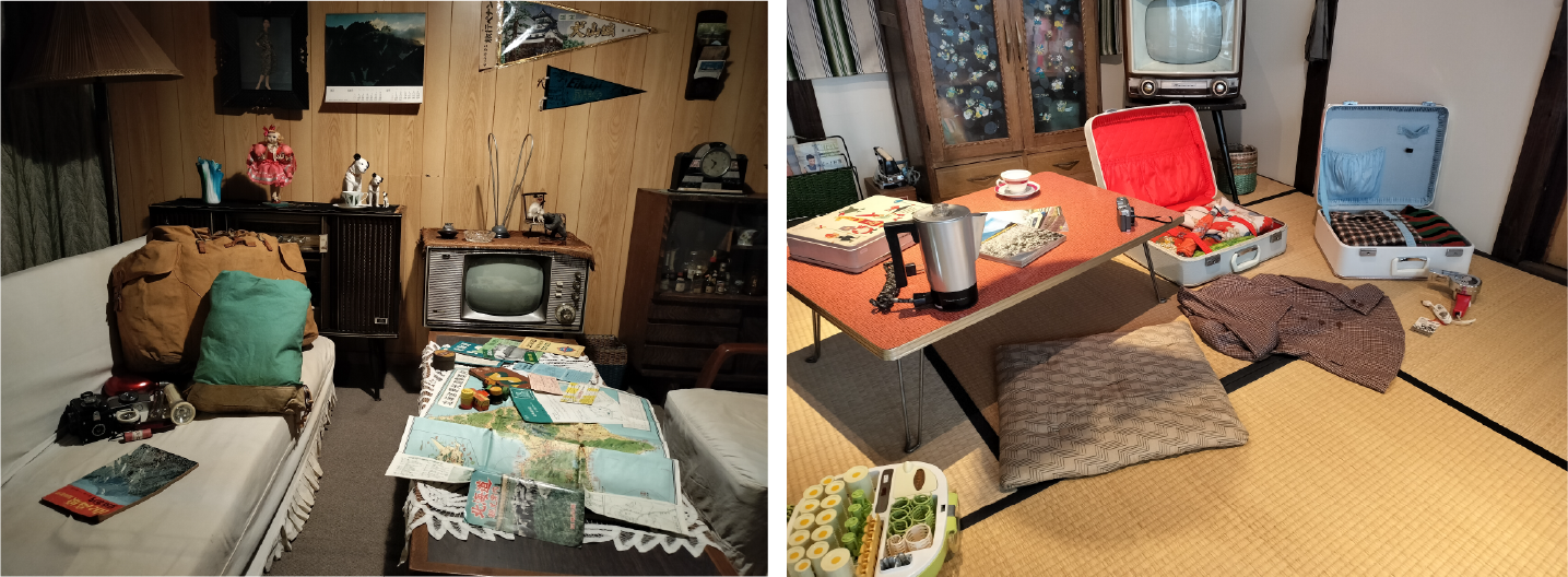企画展にあわせて旅行準備中。壁の三角の旗がペナント