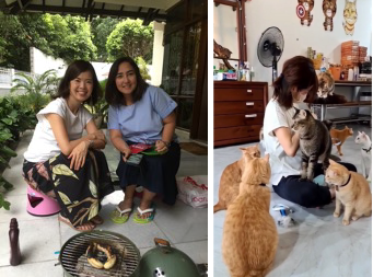 左：奈美さんと友人Lelyさんとは今でも英語とインドネシア語でSNSを通じて連絡を取り合うそう 右：シンガポールの保護猫シェルターでボランティアをしていた奈美さん。インドネシアではローカルの大学で日本語教師のボランティア活動も  