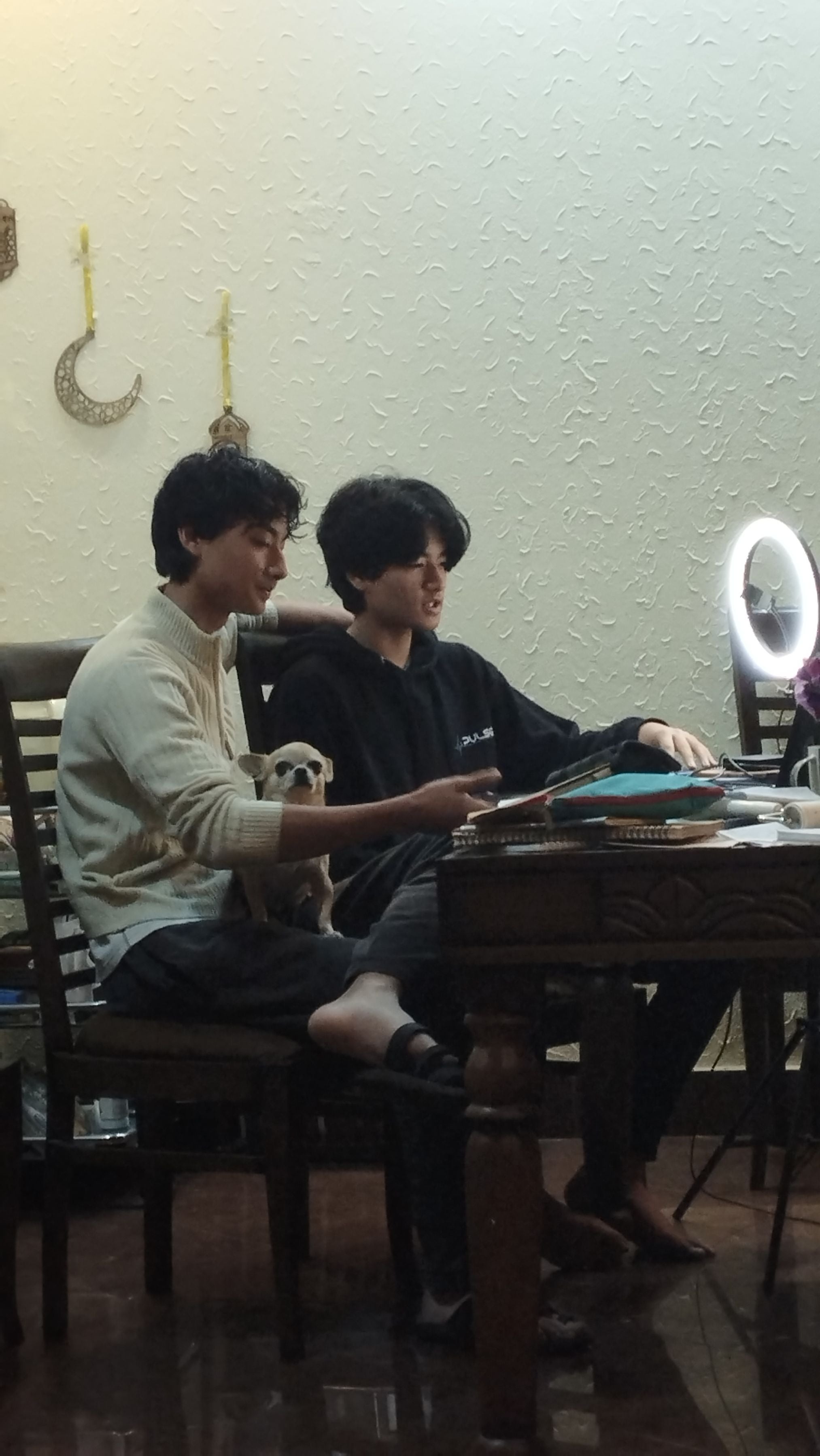 日本の小学校へのオンライン出前授業に臨む柊至さんと奏伍さん